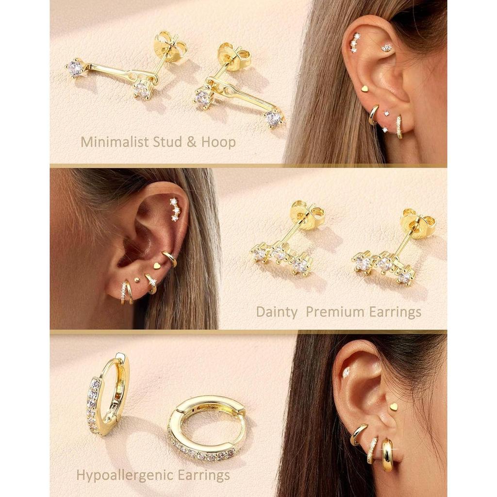 Bobisty 6Pairs Earrings for Women 14K Gold Plated Stud Hoop Stacks Earrings Set 316L Surgical Steel Earring Piercing Jewellery