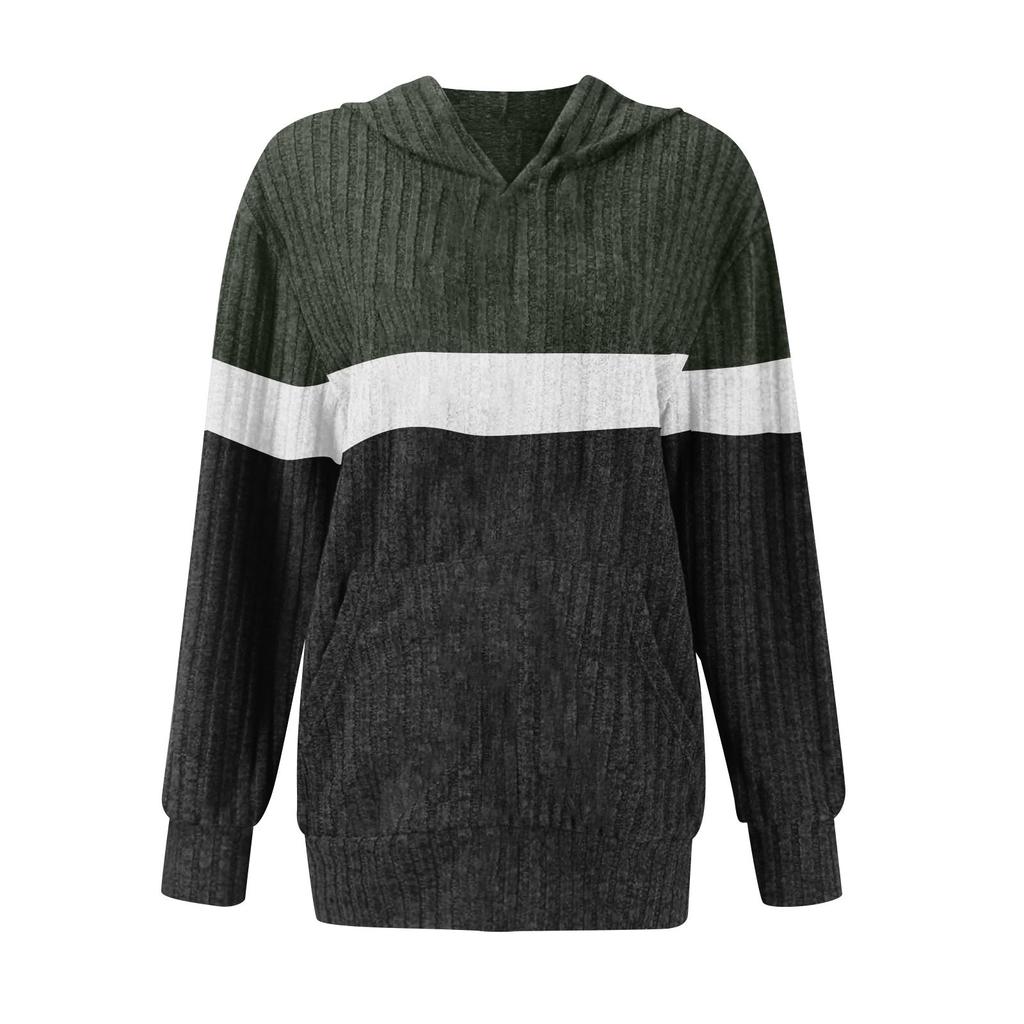Women's Fashionable Casual Color Blocked Hooded Pocket Loose Long Sleeved Pullover Top