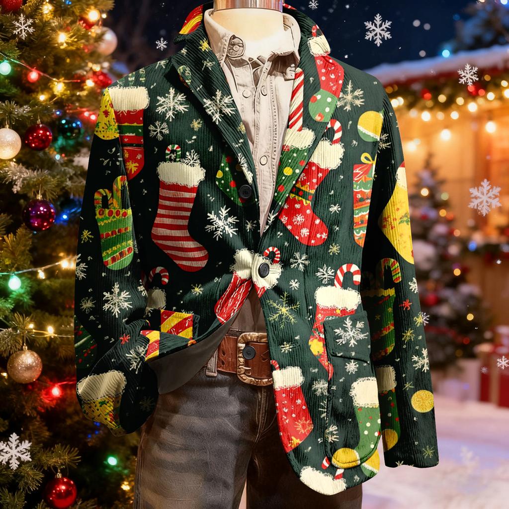 Men's Ugly Christmas Corduroy Warm Pocket Suit Jacket Cardigan Men's Casual Suit
