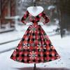 Women's Casual Dress Long-Sleeve V-Neck Patchwork Fleece Christmas Print Dress