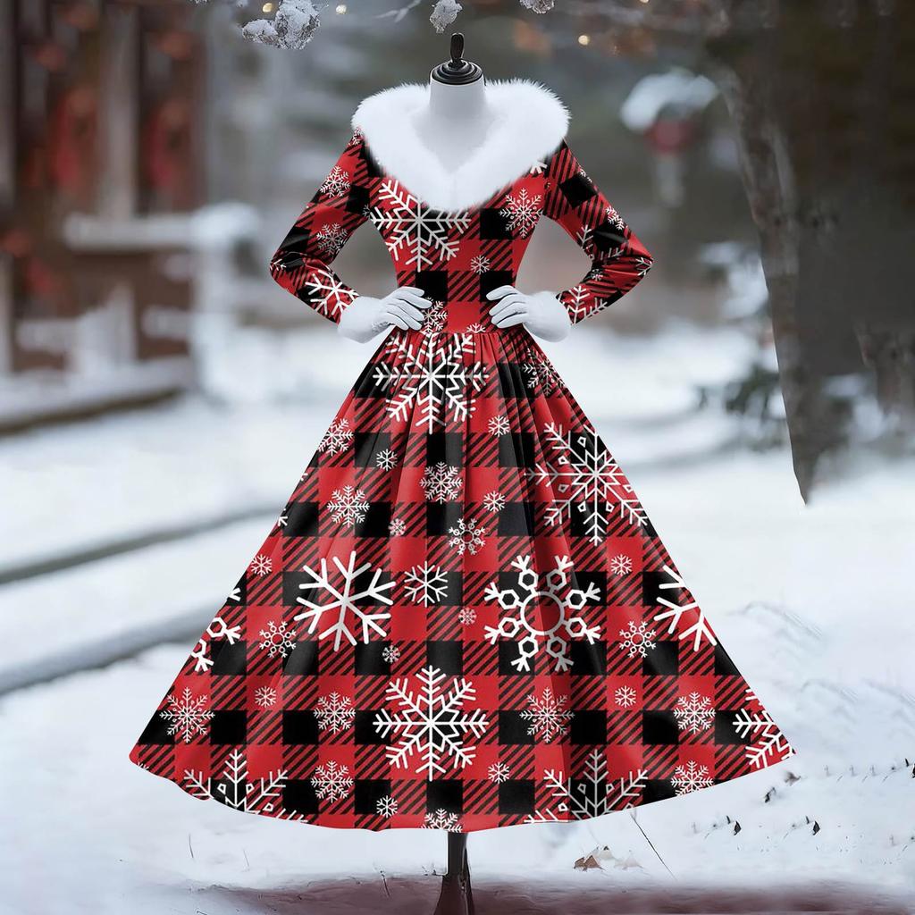 Women's Casual Dress Long-Sleeve V-Neck Patchwork Fleece Christmas Print Dress