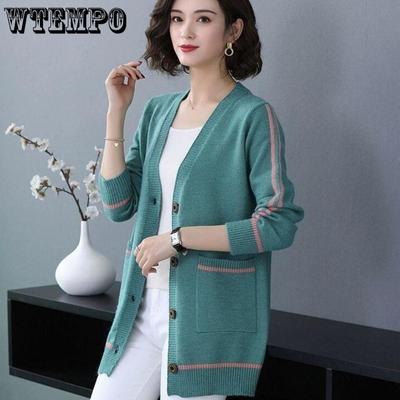 Malhas de primavera e outono Cardigan médio e longo feminino com casaco solto Top feminino
