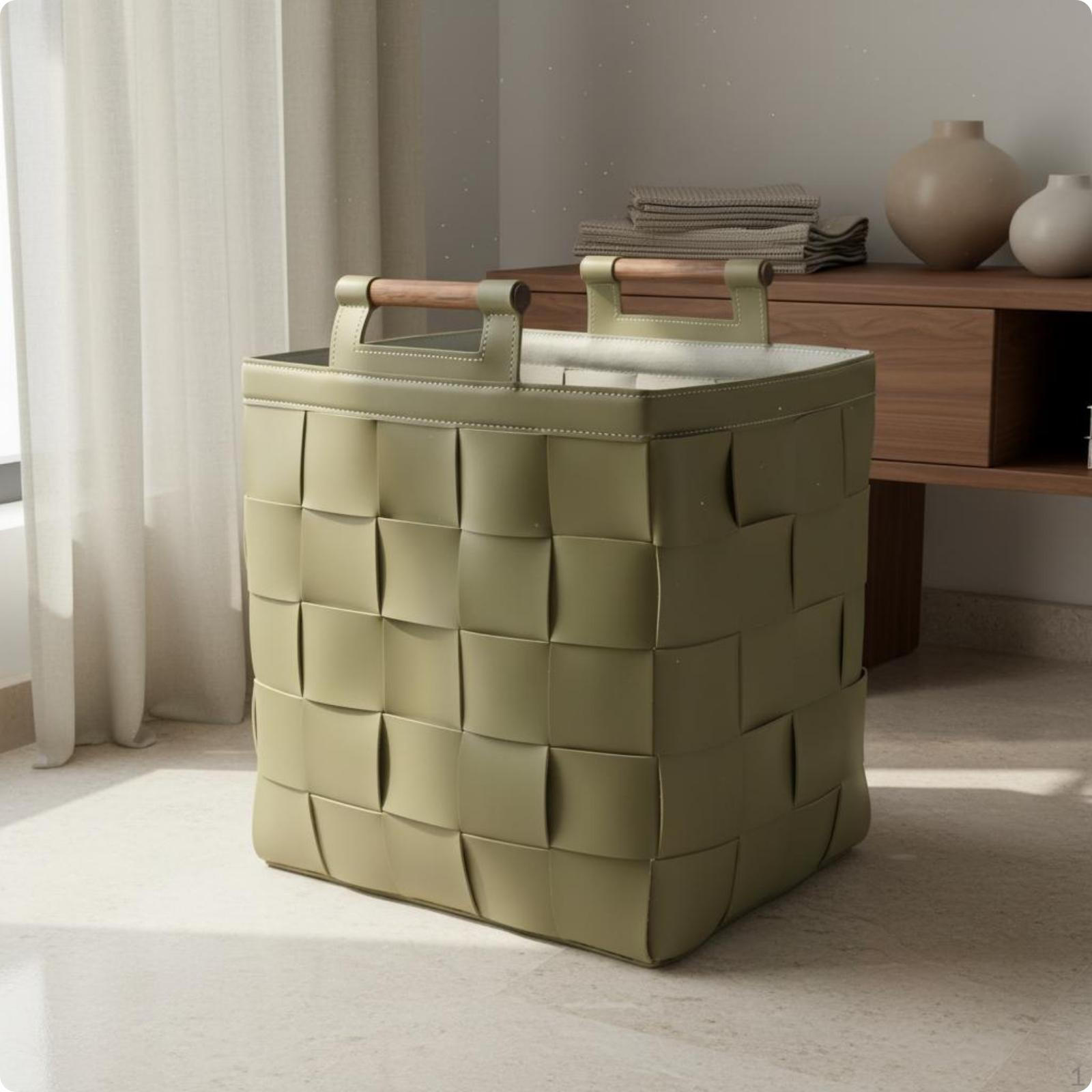 Woven Leather Basket Rigid Structure Laundry Hamper Wooden Handles OpenTop for Closet Light
