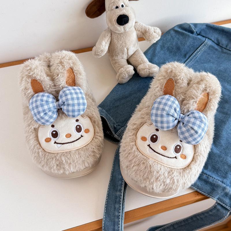 Cartoon Cotton Slippers Winter Cute Rabbit Plush Bow Warm Non-slip Thick-bottomed Fluffy Slippers Winter