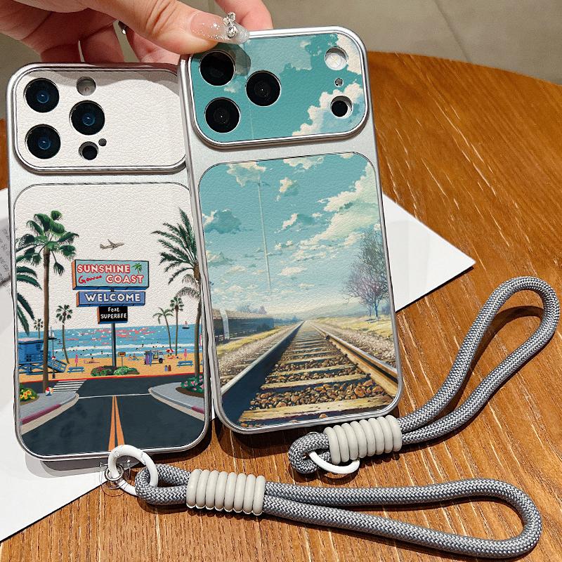 Mountain Road Print Leather Lanyard Case For iPhone 18 Pro Max 17 16 15 14 13 Pro Max Luxury Hybrid TPU+PU Anti-skid Soft Phone Cover