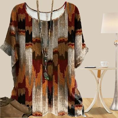 Women's Casual Loose Spring Shirt Women's Short Sleeve Retro Feather Printed Tops