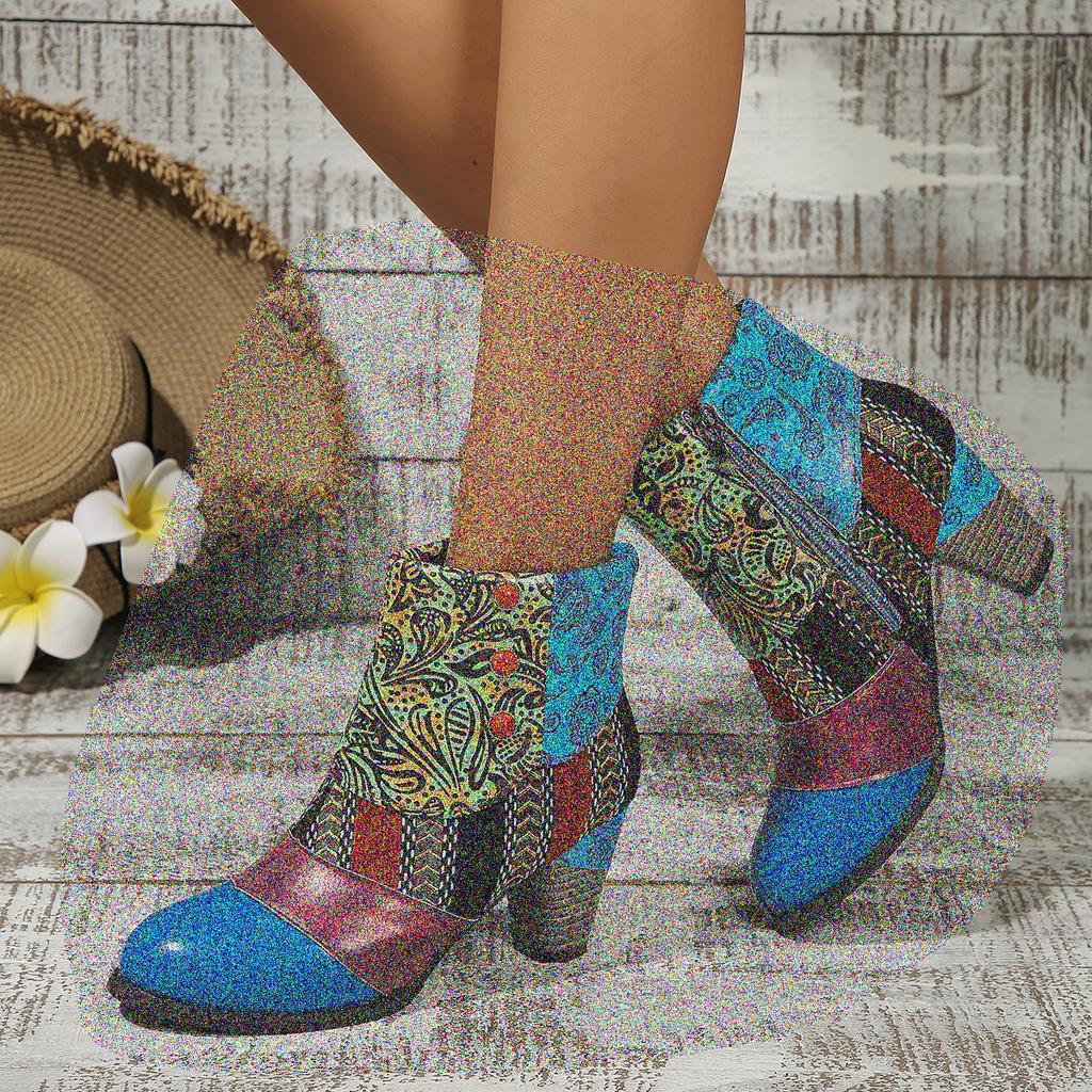 Fashion 2025 New Women Boots Ethnic Style Casual Fashion High-heeled Short Boots Women Retro Large Size All-match Fashion Shoes Women