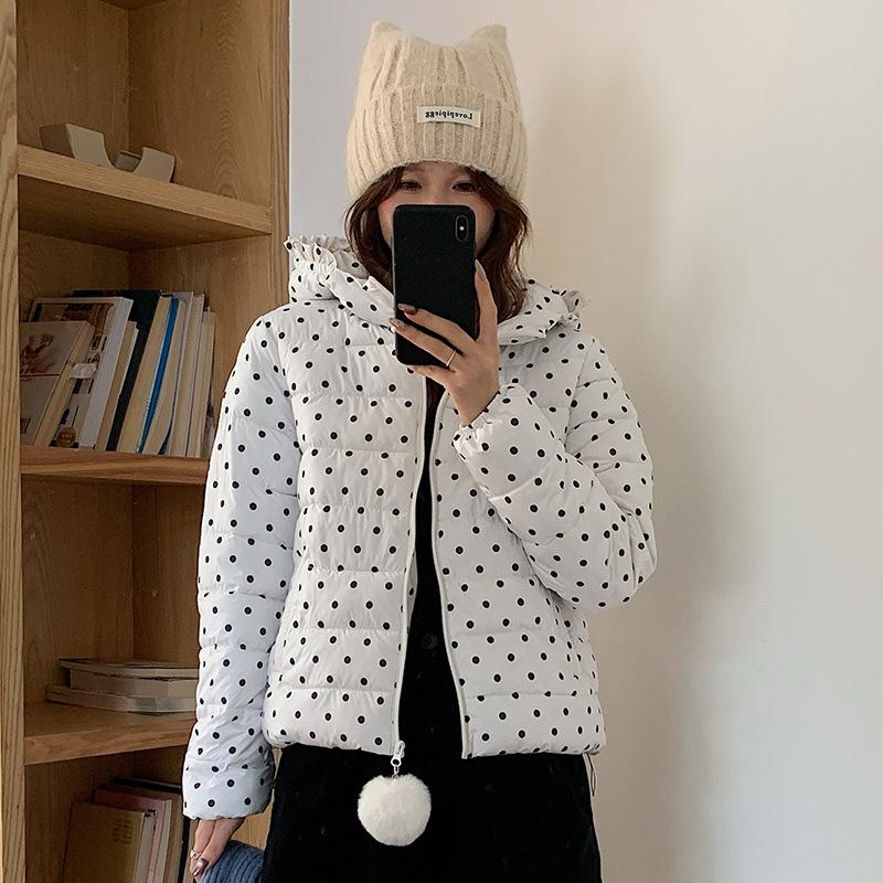 Sweet polka dot ribs hooded down cotton-padded clothes women's winter new short printed cotton-padded jacket