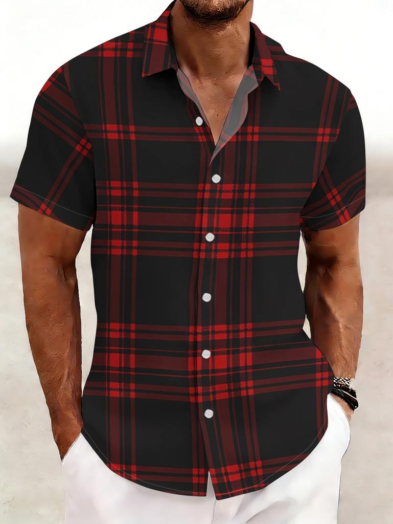 2026 Vintage Estate Uomo Camicie a Quadri Geometrici a Griglia Manica Corta Collo a Revers Stampa 3D Camicie Hawaiane per Vacanze Abbigliamento Casual da Uomo