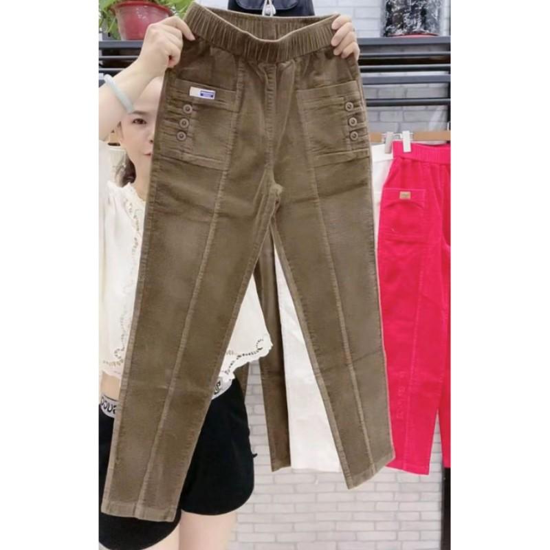 Women's Fall High-Waisted Slim-Fit Fleece-Lined Skinny Pants Corduroy Straight-Leg Harem Pants