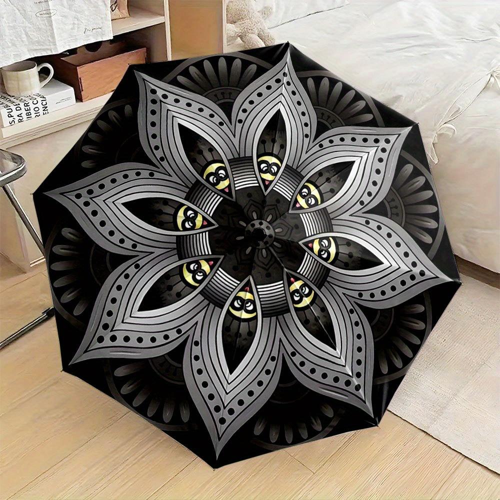 

This Compact Umbrella Showcases a Geometric Floral Design Adorned with Recurring Motifs of Smiling Faces That Resemble The Cha Iron&8K