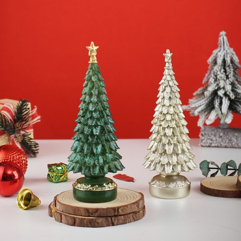 Resin Christmas Tree Figurine Ornament Miniature Christmas Tree Decoration for Living Room Bedroom Office Desk Display