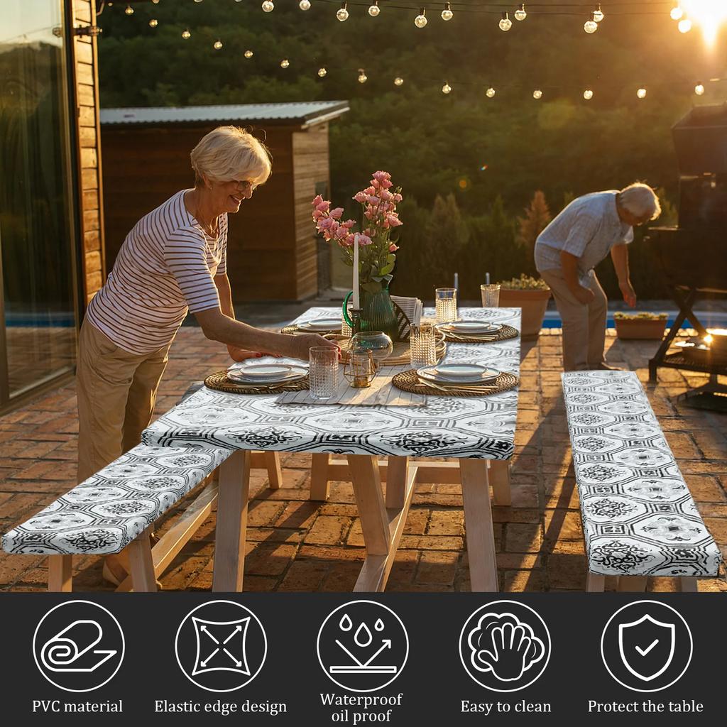 Tablecloth Bench Cover PVC Waterproof Camping Tablecloth Kit With Elastic Edge Picnic Table Cover Decoration for Outdoor Garden