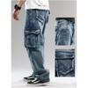 Men's Hip-hop Skateboarding Multi Pocket Workwear Jeans, Oversized Loose Wide Leg Pants
