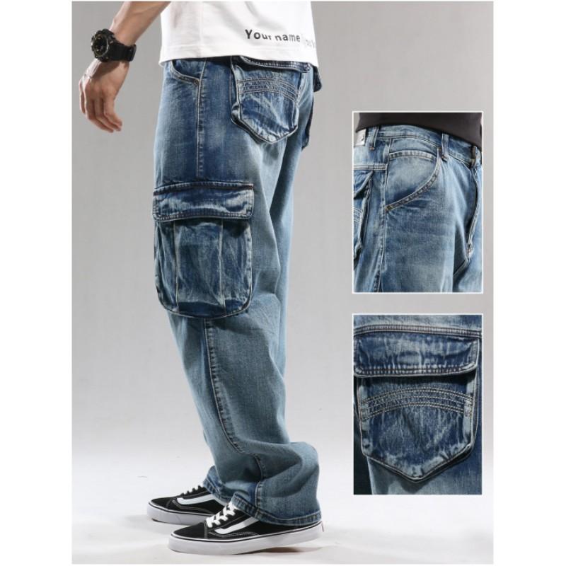 Men's Hip-hop Skateboarding Multi Pocket Workwear Jeans, Oversized Loose Wide Leg Pants