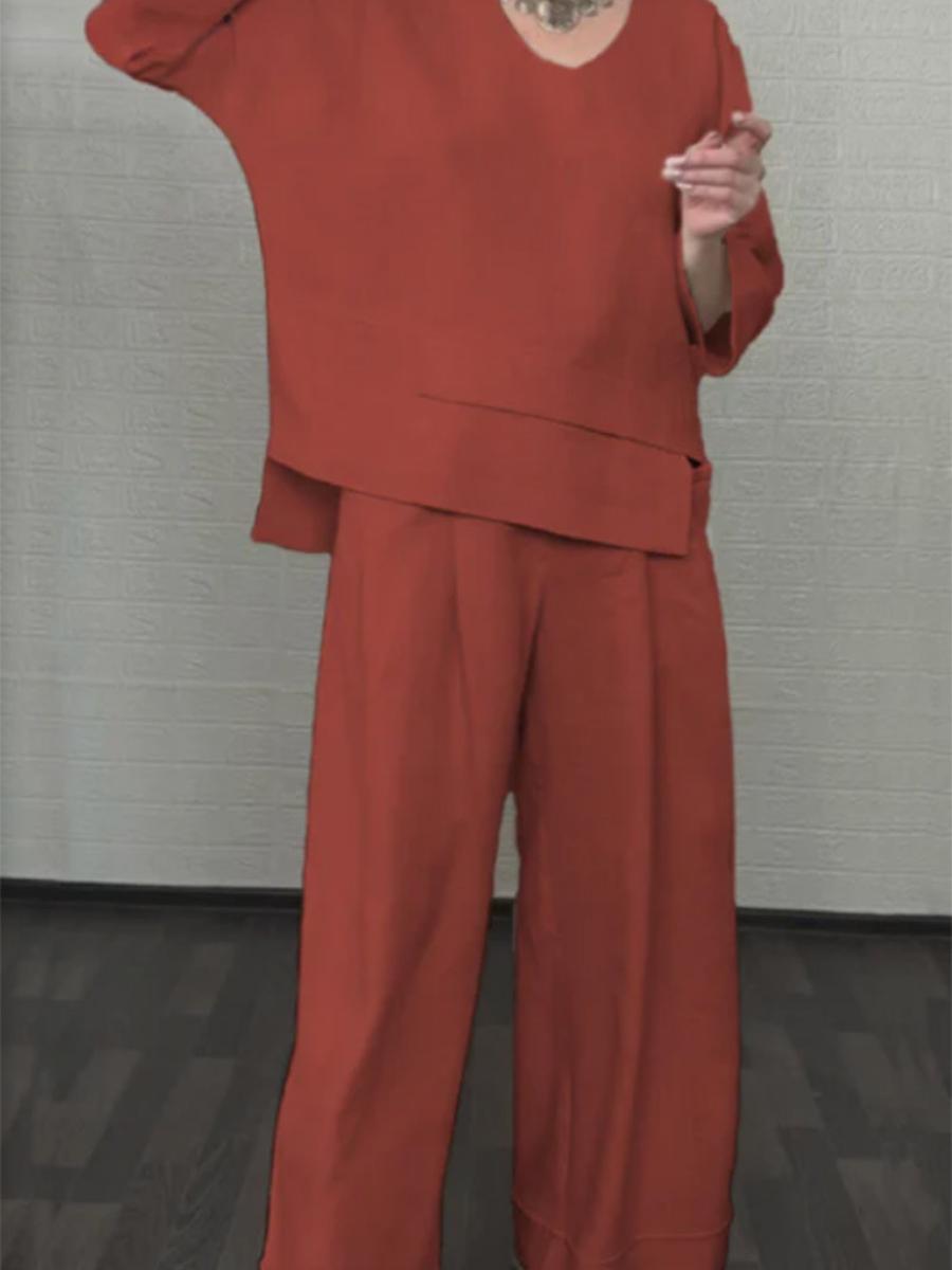 

Wind Pure Color Crew Neck Long Sleeve Casual Top with Pocket Straight Leg Pants Two Piece Set XXXL червоний