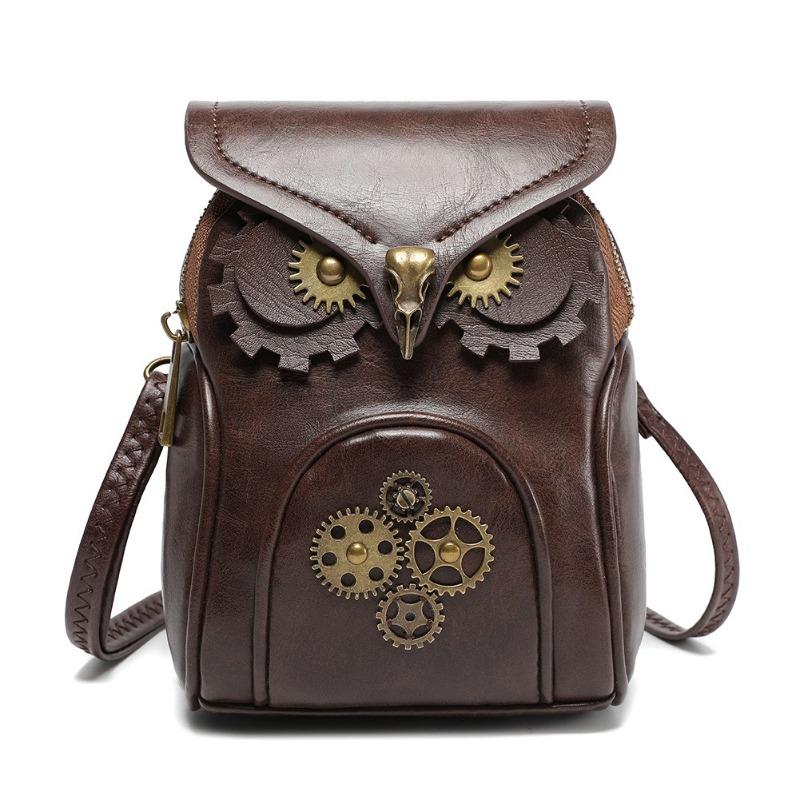 Zomer Nieuwe Persoonlijkheid Uil Telefoon Tas Steampunk Retro Cool Tandwiel Wiel MINI Portemonnee Premium PU Klinknagel Schouder Diagonaal Straddle Tas voor Mannen en Vrouwen