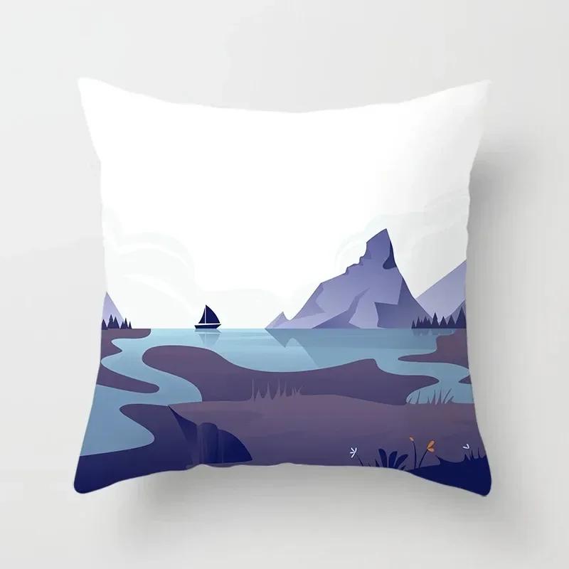 Luxury Home Decor Cushion Cover Cartoon Illustration Sunset Landscape Pattern Office Decor Pillow Cover