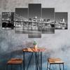 Brooklyn Bridge Night View Cityscape Black White Picture 5 Piece Five Panel Wall Canvas Print Modern Art Poster Home Decor Gift For Him Her