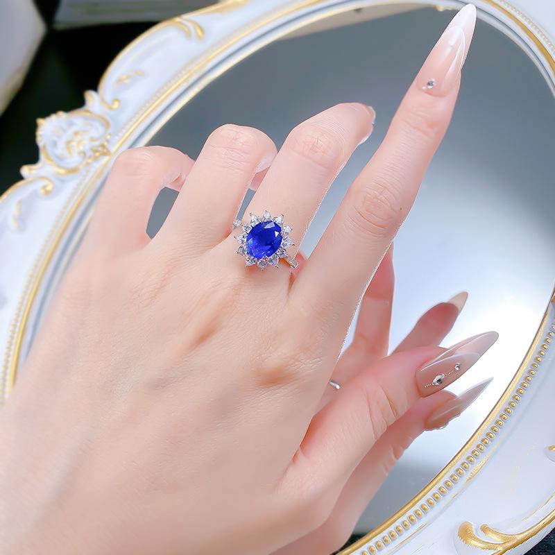 2025 S925 Silver Blue Flower Oval Ring - European & American Style
