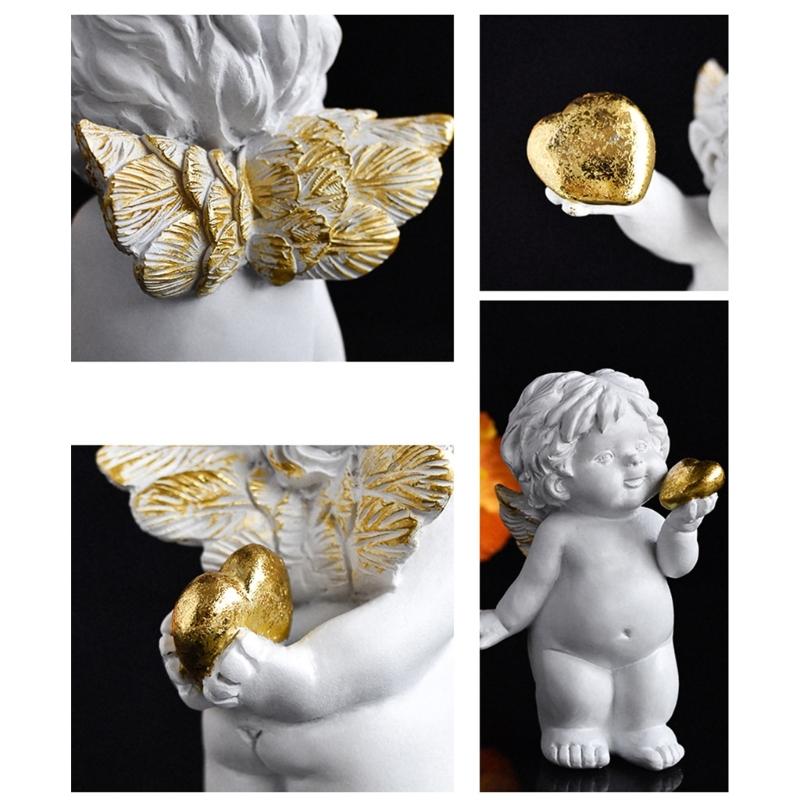Romance Baby Little Angelic with Heart Desktop Figurine Resins Cherub Statue Sculpture Ornament for Valentines Gifting