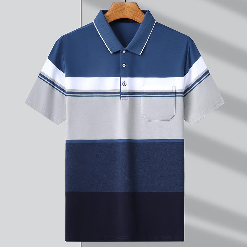 Striped Real Pocket Short-Sleeved Lapel T-Shirt, Father Dress Casual Polo Shirt Breathable Top Men