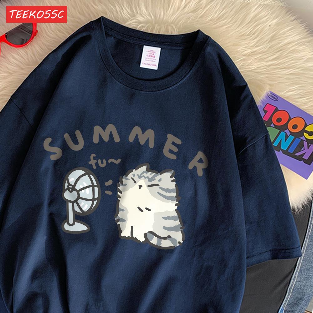 

Fashion Cotton Women T-Shirts Creative Summer Blow Fan Cat Prints Short Sleeve O-Neck Loose Breathable Casual Female Clothes 4XL