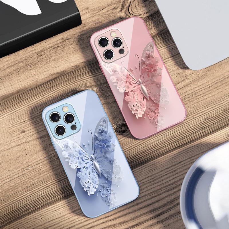 Farfalla Fiore Verde Per iPhone 16 E 15 14 13 Plus 12 mini 11 Pro Max XR Xs Max X 7 8 6 6S 2022 Custodia in Vetro Temperato per Telefono