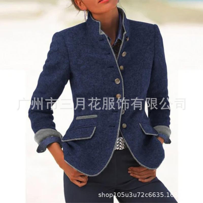 PEYWOW Jaquetas e casacos femininos vintage casual cor sólida estampa outono inverno manga comprida gola polo