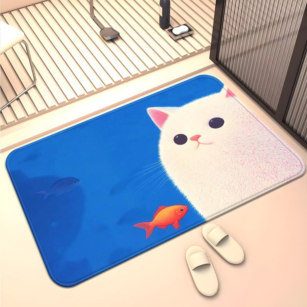 

Cute White Cat with Goldfish Doormat Non-Slip Absorbent Microfiber Rug for Bedroom Living Room Entryway 40x60cm