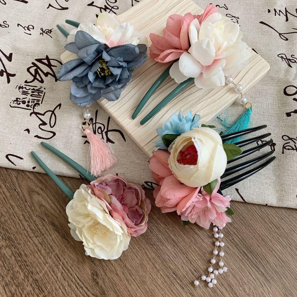 

Simulated Flowers Hanfu Hairpin Tassel Flower Hair Clip Cute U Shape Hair Stick for Women style 1