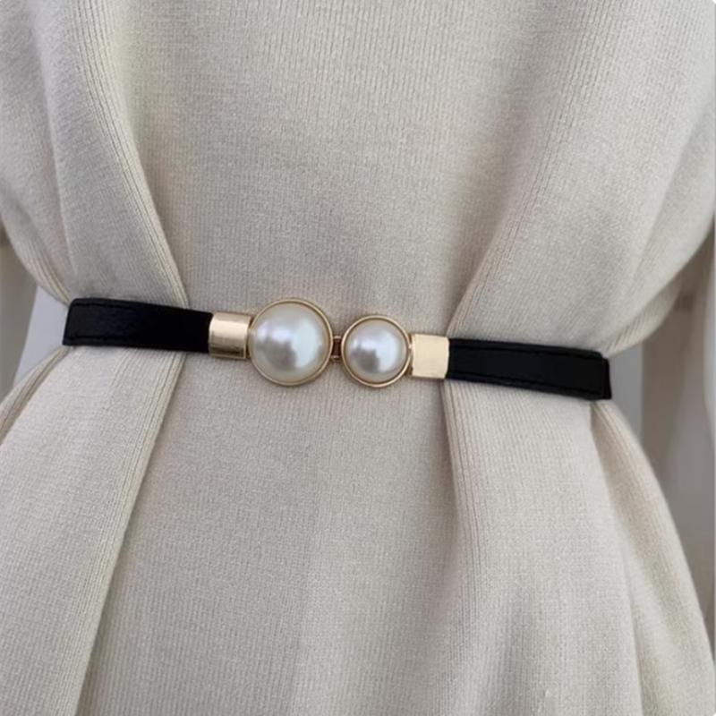 New Elegant Vintage Pearl Waist Chain Belts for Women Korean Style Sweater Jacket Hooks Elastic Slim Fit Leather Belt