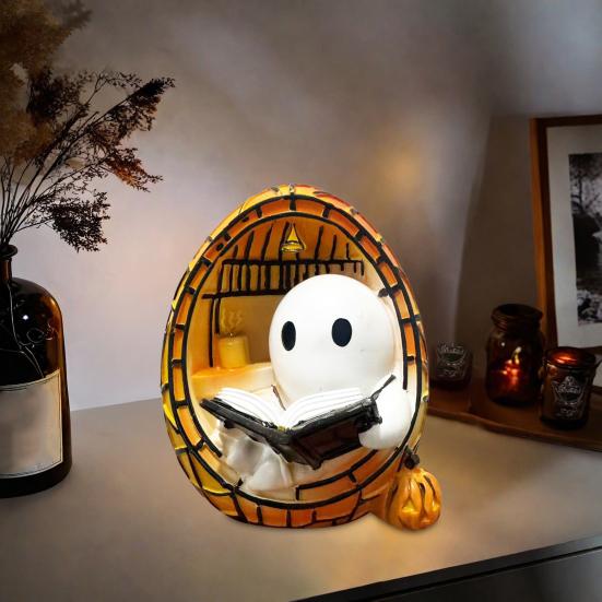 Halloweenské noční světlo duch, duch čtoucí knihu, noční lampička, halloweenská dekorace, stolní lampa na halloweenskou párty nebo do ložnice