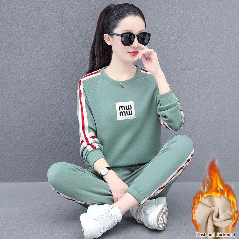 Khmer Women's Warm Sports Suit: Autumn/Winter Plush Hoodie & Sweatpants Two-Piece Set