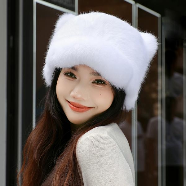 Neue Stil Frauen Kaninchen Pelz Kappe Krempe Niedlichen Ohren Hut Mädchen Winter Warm Echte Natürliche Kaninchen Fell Dicke Warme Hüte