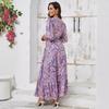 Women Summer Dress Casual A-Line Floral Print High Waist V-Neck Short Bubble Sleeve Ankle-Length Straps Slit Spring