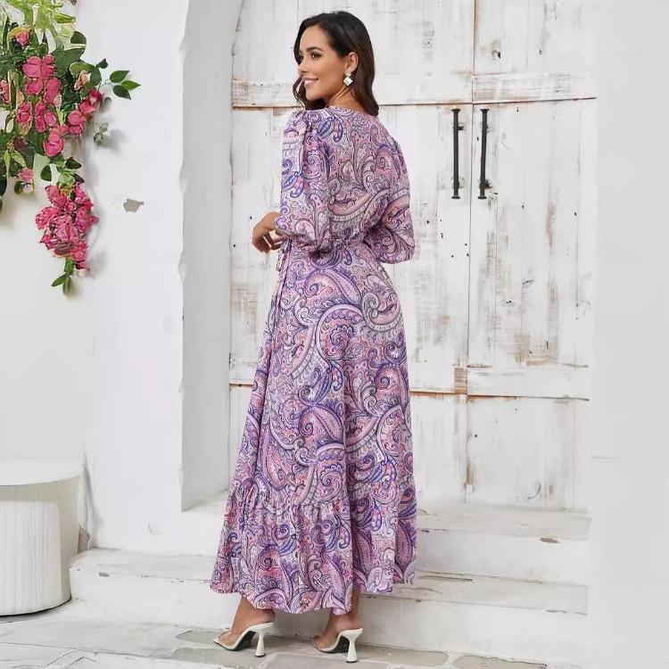 Women Summer Dress Casual A-Line Floral Print High Waist V-Neck Short Bubble Sleeve Ankle-Length Straps Slit Spring