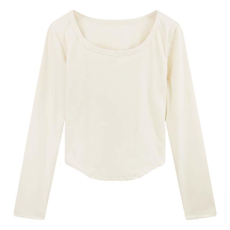 Women's U-Neck White Long Sleeve Fleece Lined T-Shirt, Slim Fit - 2024 Spring/Autumn/Winter Collection