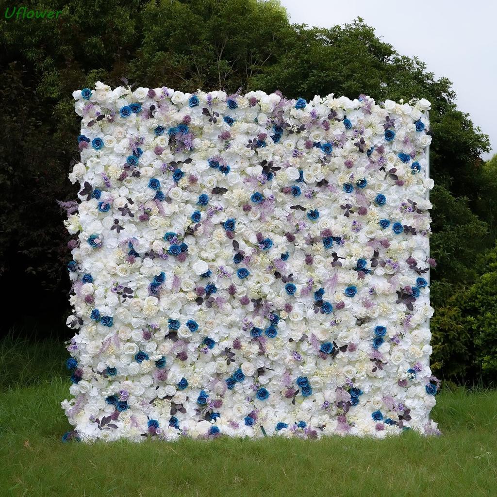 Uflower Artificial Flower Wall Roll-Up White & Purple Fabric Floral Backdrop for Wedding Event Party Decorations Curtain