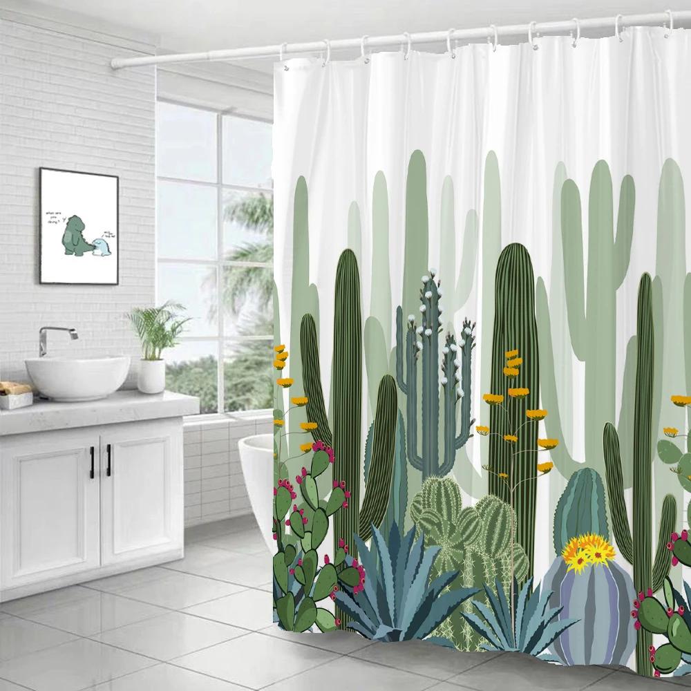 Cactus Pattern Bath Curtain Waterproof Fabric Shower Curtains Fresh Flower Plant Bathtub Screen For Bathroom Home Decoration