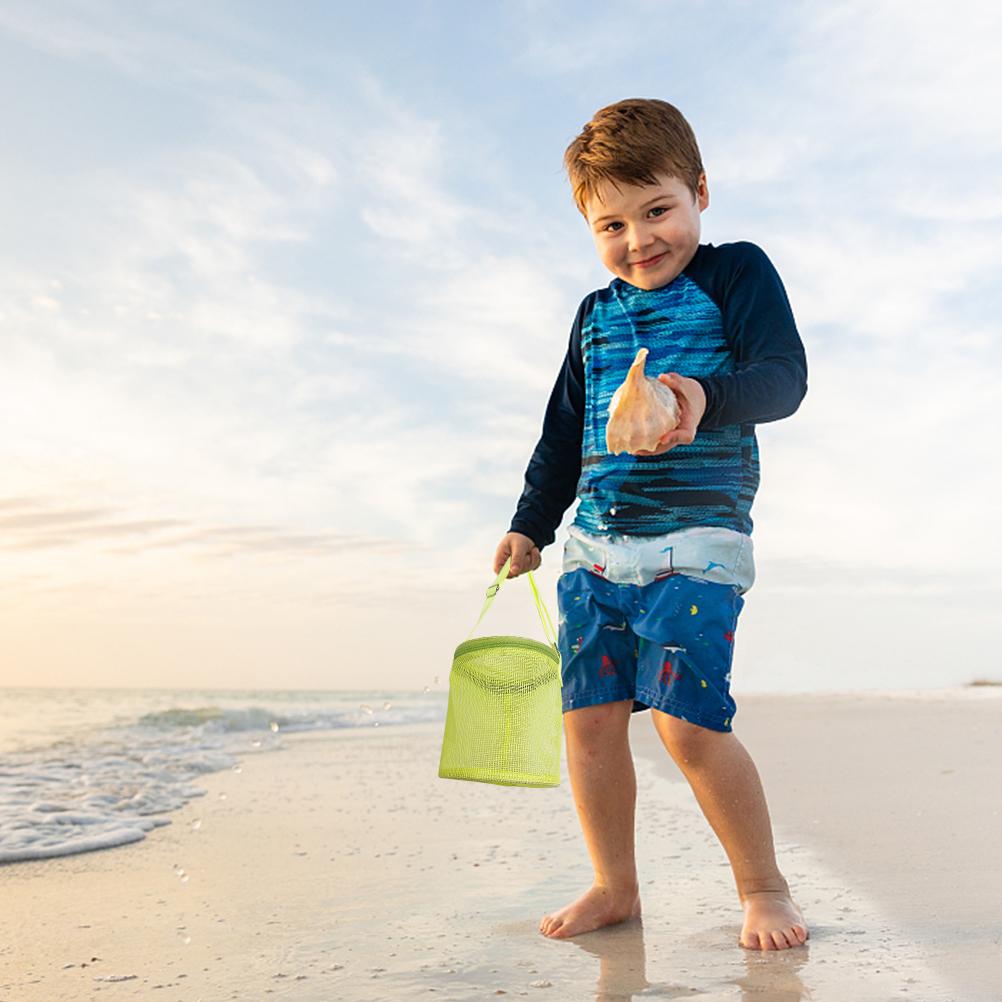 Bolsa de Malha para Crianças com Conchas Tote Cilindro Sacos para Coletar Conchas Bolsa de Brinquedos de Praia com Zíperes Alças de Transporte Ajustáveis