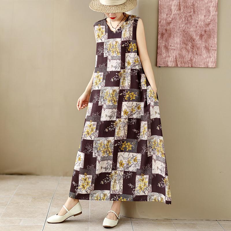 DIMANAF Nuevo 2026 Mujer Tallas Grandes Verano Playa Maxi Dama Vestido Largo Holgado Oversize Estampado Floral Vestido de Sol Ropa Chaleco Sin Mangas