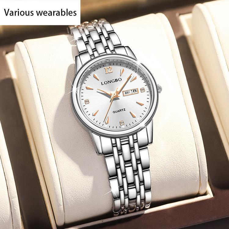 Damklocka med stålarmband, casual quartz-klocka med dubbel kalender