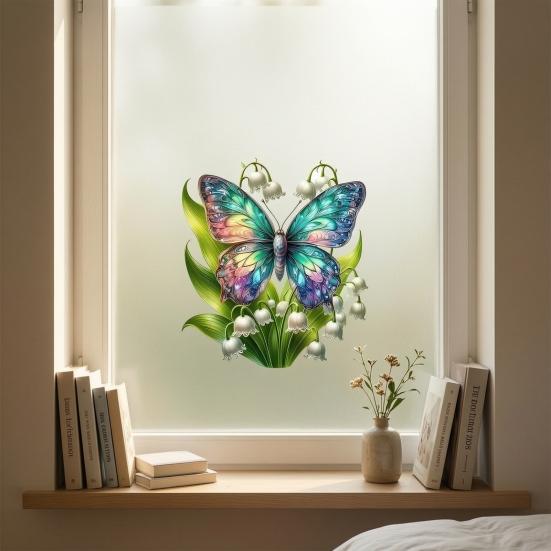 Flower Butterfly Design Window Sticker, Adhesion No Glue Waterproof Wall Decal for Living Room Bedroom Entrance Hall Home Decor