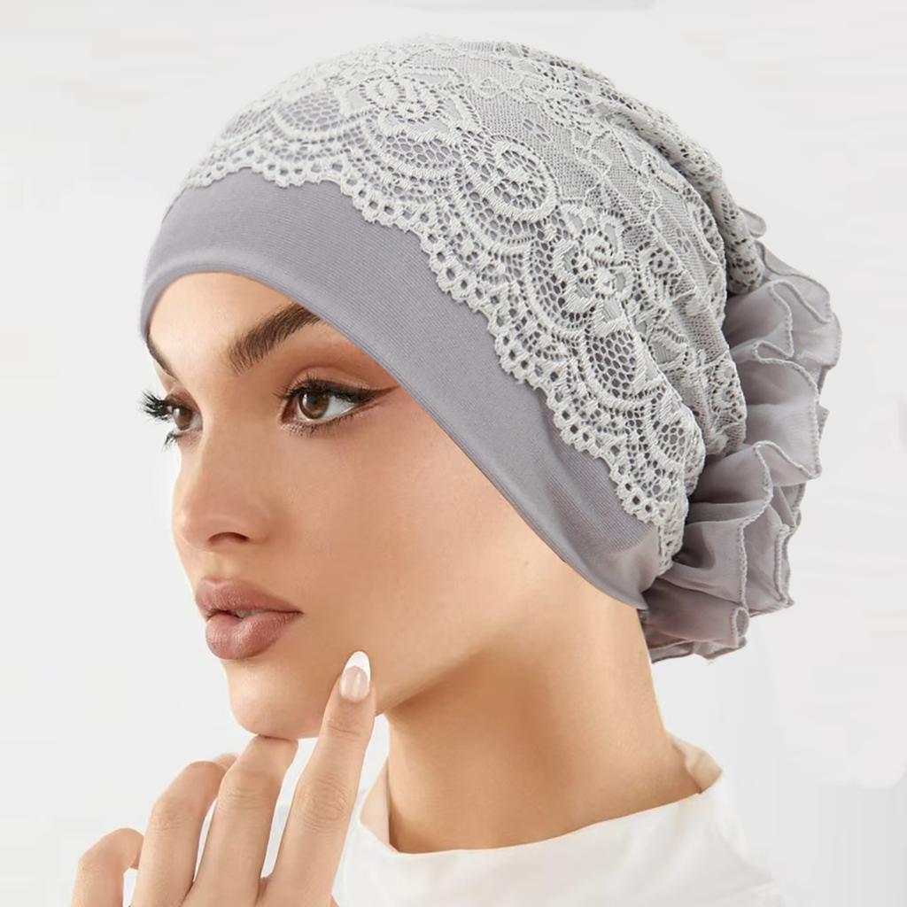 Women Elegant Lace Turban Hat Fashion Flower Decor Stretch Head Wrap Soft Beanie Cap