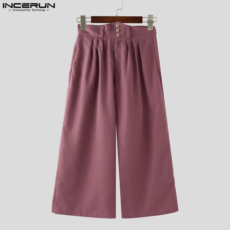 INCERUN Men High Waist Zip-up Solid Color Casual Long Palazzo Pants