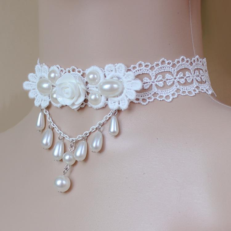White Lace Rose & Pearl Choker Necklace for Women - Lolita Style