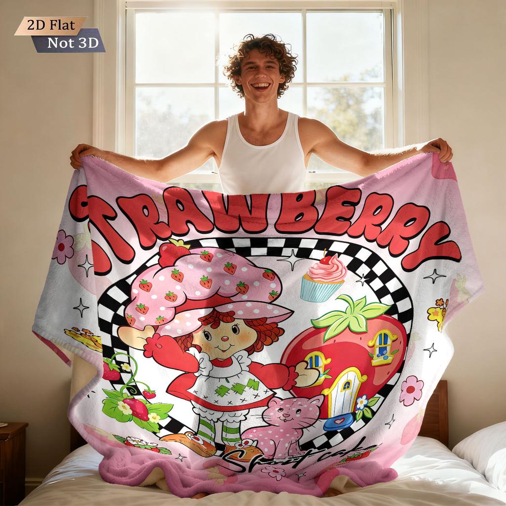 1pc Cartoon Pink Strawberry Girl Printed Flannel Blanket In Multiple Sizes Soft And Comfortable Casual Blanket, Machine Washable