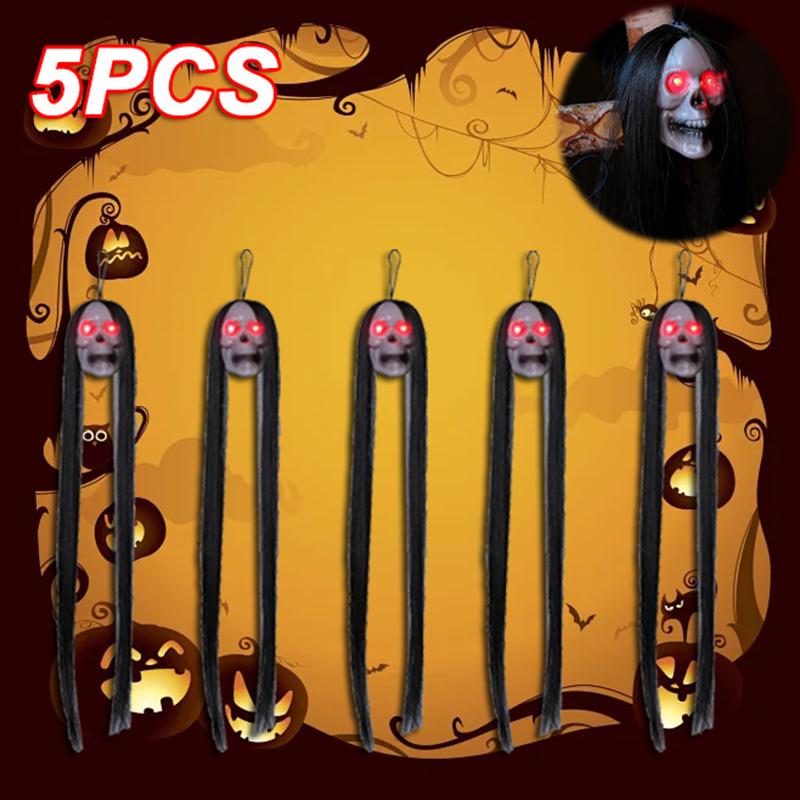 30PCS New Halloween Hanging Long Hair Ghost Skeleton LED Light-emitting Horror Skeleton Ghost Bar Haunted House Decoration Props