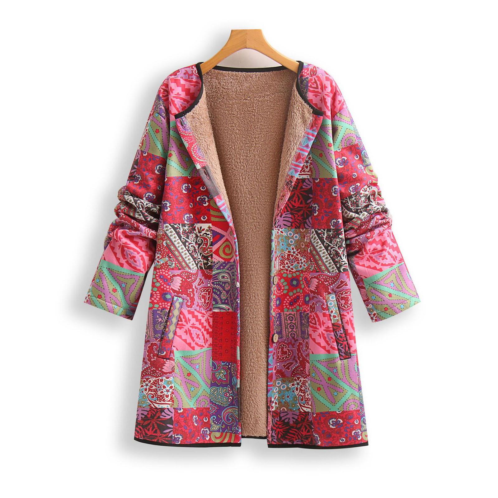 

Женская модная куртка с длинным рукавом, теплая, с принтом из искусственной оленьей кожи, с винтажными вставками и полосками XL красный